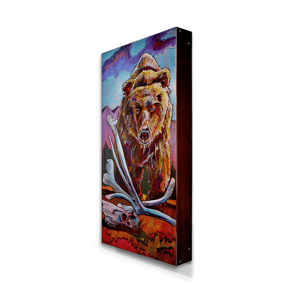 Grizzly with Caribou Skull: Metal Box Art
