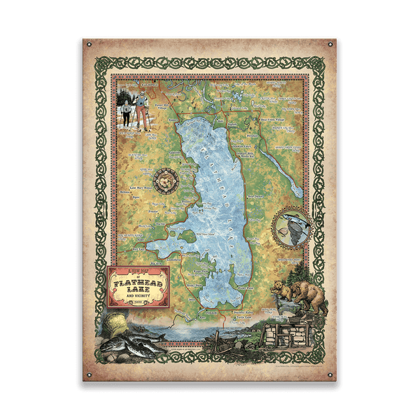 Flathead Lake, Montana: Illustrated Map - Wood & Metal Wall Art