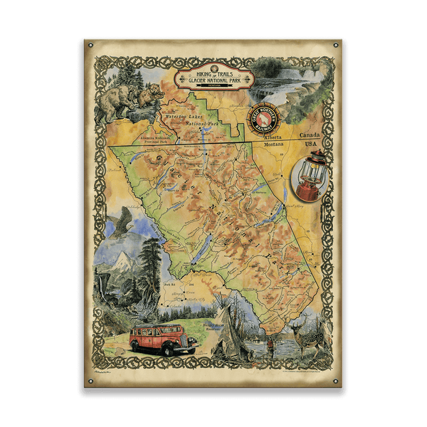Glacier National Park Hiking Trails - Wood & Metal Wall Art