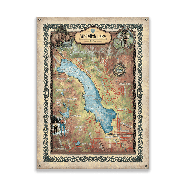 Whitefish Lake, Montana: Illustrated Map - Wood & Metal Wall Art
