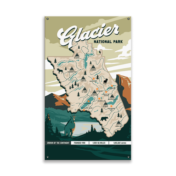 Glacier National Park Illustrated Map: Smooth Finish - Wood & Metal Wall Art