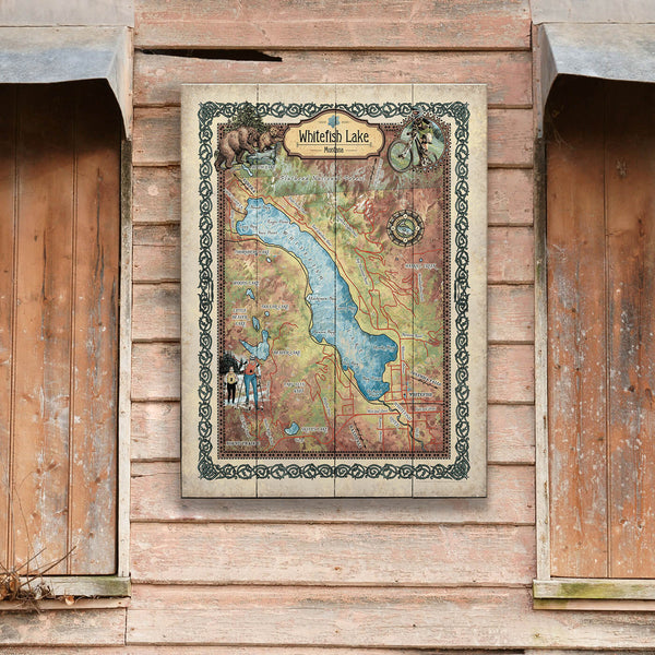 Whitefish Lake, Montana: Illustrated Map - Wood & Metal Wall Art