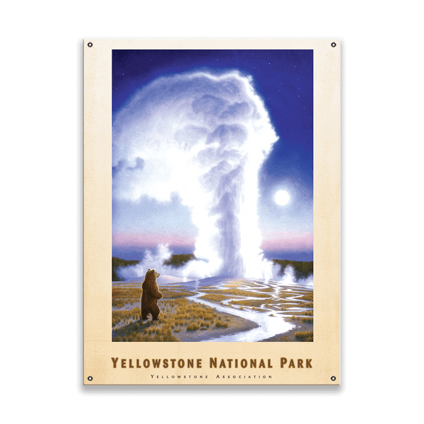 Yellowstone National Park Grizzly and Geyser - Wood & Metal Wall Art