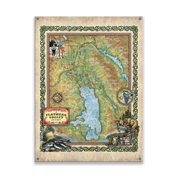 Flathead Valley Montana: Illustrated Map - Wood & Metal Wall Art