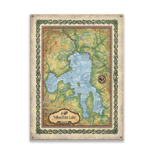 Yellowstone Lake: Illustrated Map - Wood & Metal Wall Art