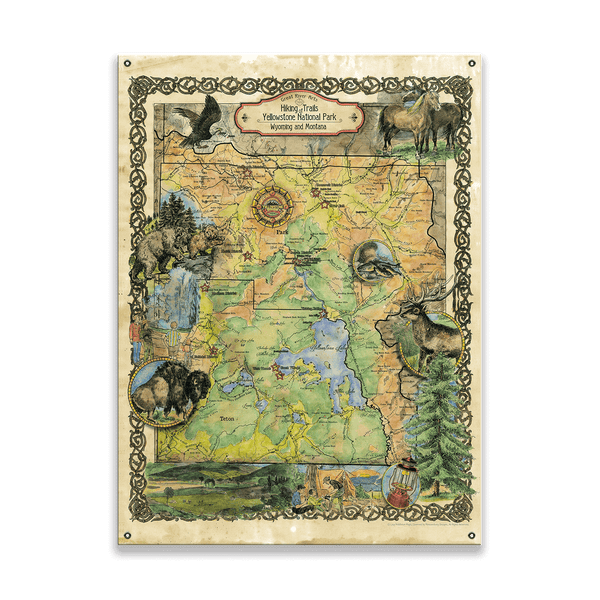 Yellowstone Hiking Trails: Illustrated Map - Wood & Metal Wall Art