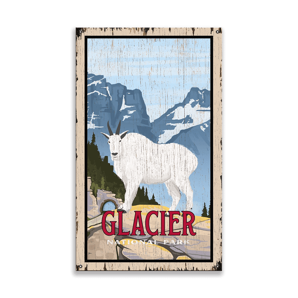 Mountain Goat at Glacier National Park: Distressed Finish - Wood & Metal Wall Art