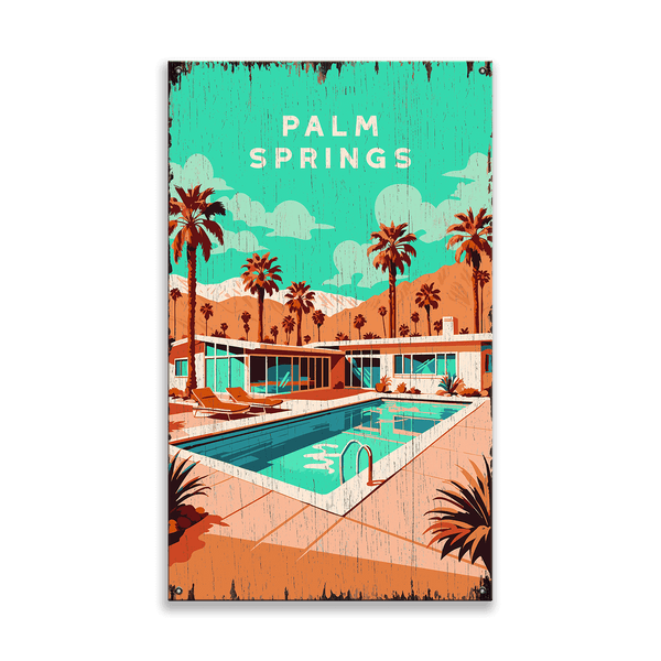 Palm Springs Pool Scene: Distressed Finish - Wood & Metal Wall Art