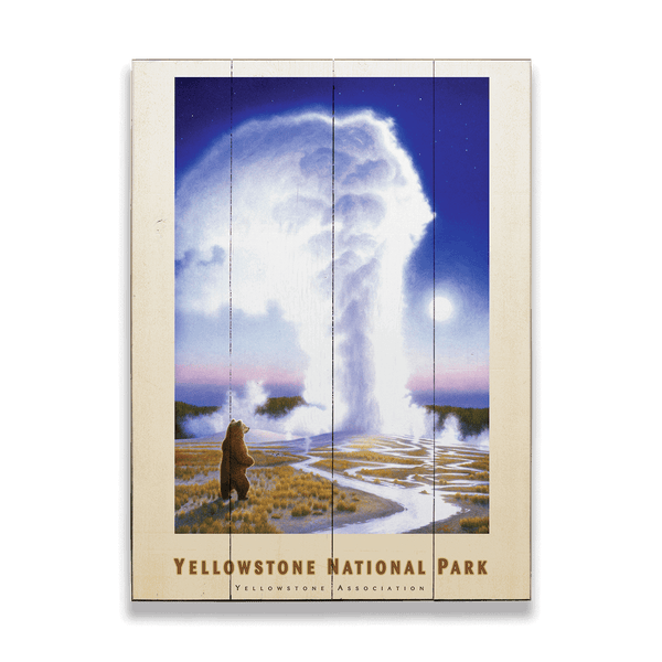 Yellowstone National Park Grizzly and Geyser - Wood & Metal Wall Art