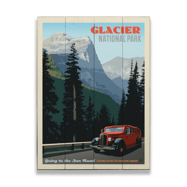 Red Jammer Bus at Glacier National Park - Wood & Metal Wall Art