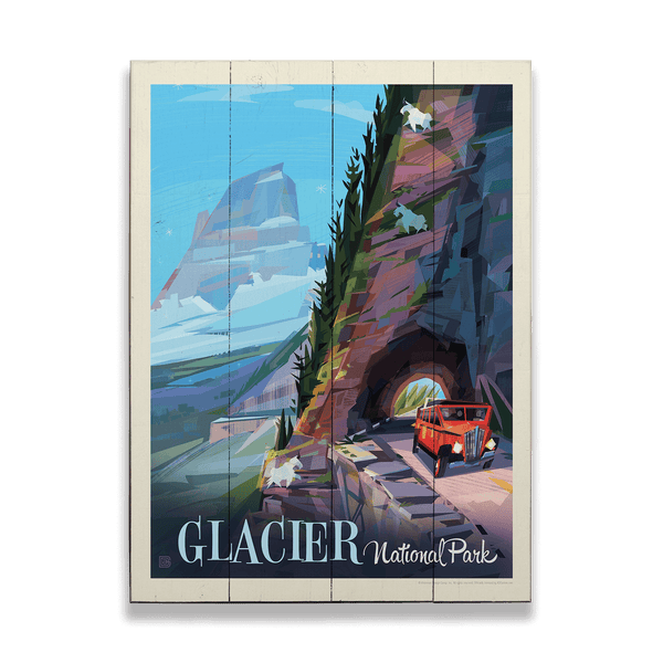 Glacier National Park: Bus and Mountain Goats - Wood & Metal Wall Art