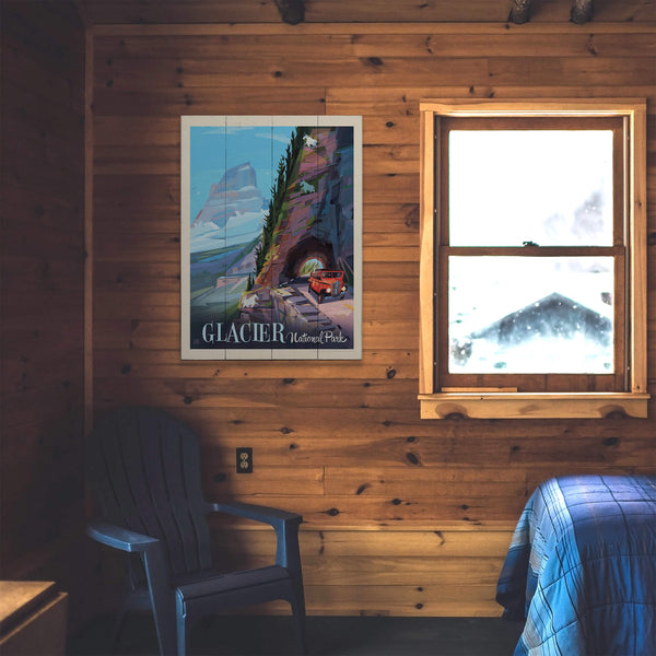 Glacier National Park: Bus and Mountain Goats - Wood & Metal Wall Art
