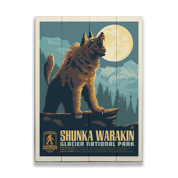 Shunka Warakin: Glacier's Nocturnal Legend - Wood & Metal Wall Art