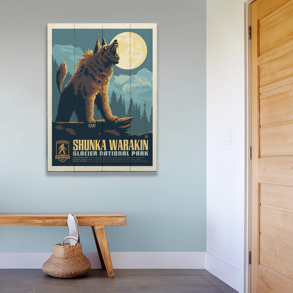 Shunka Warakin: Glacier's Nocturnal Legend - Wood & Metal Wall Art