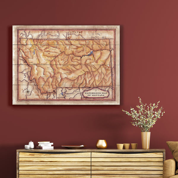 Watershed Map of Montana - Wood & Metal Wall Art