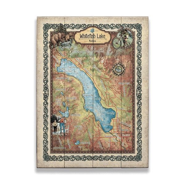 Whitefish Lake, Montana: Illustrated Map - Wood & Metal Wall Art