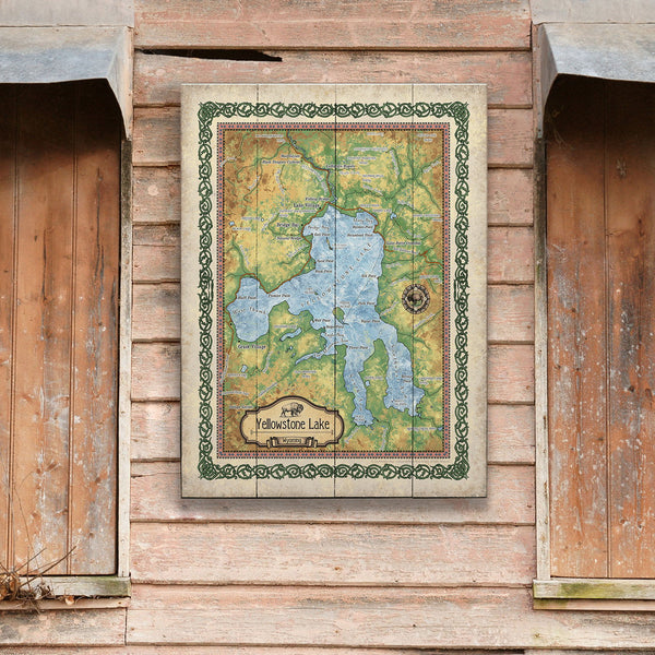 Yellowstone Lake: Illustrated Map - Wood & Metal Wall Art
