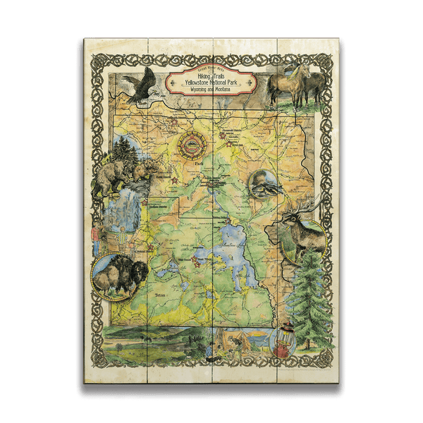 Yellowstone Hiking Trails: Illustrated Map - Wood & Metal Wall Art