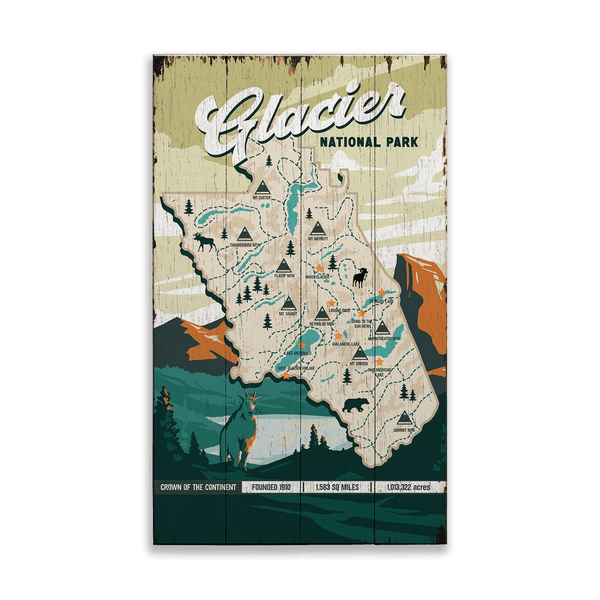 Glacier National Park Illustrated Map: Distressed Finish - Wood & Metal Wall Art