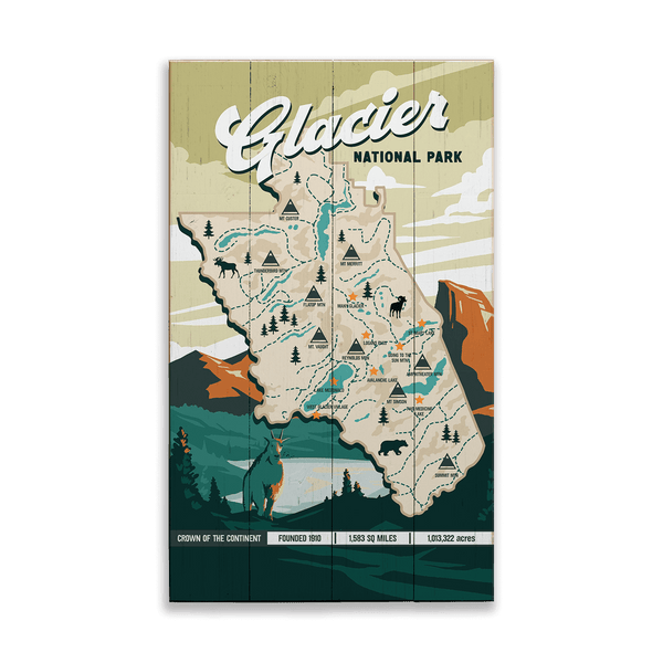 Glacier National Park Illustrated Map: Smooth Finish - Wood & Metal Wall Art