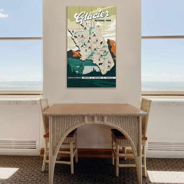 Glacier National Park Illustrated Map: Smooth Finish - Wood & Metal Wall Art