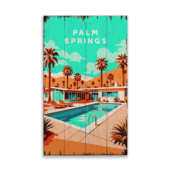 Palm Springs Pool Scene: Distressed Finish - Wood & Metal Wall Art