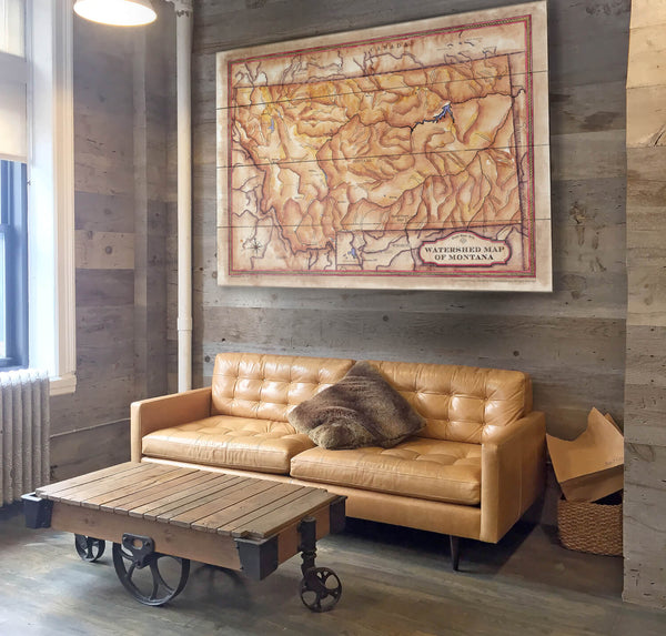 Watershed Map of Montana - Wood & Metal Wall Art